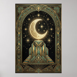 Art Deco Celestial Moon Ziggurat Affisch Guld Te