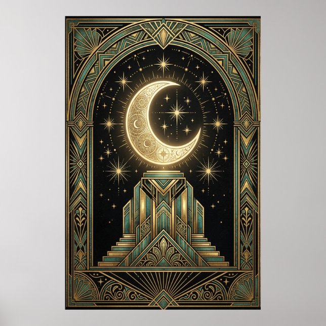 Art Deco Celestial Moon Ziggurat Affisch | Guld Te (Framsidan)
