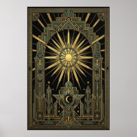 Art Deco Celestial Sol & Måne Affisch | Guld Geome