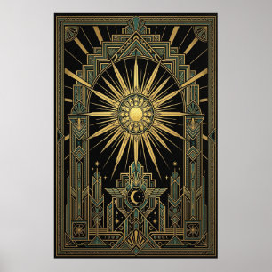 Art Deco Celestial Sol & Måne Affisch Guld Geome