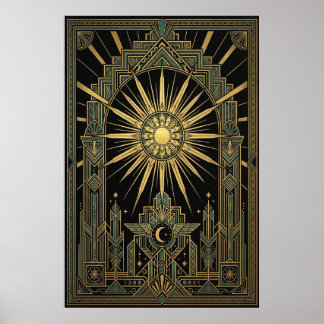 Art Deco Celestial Sol & Måne Affisch | Guld Geome