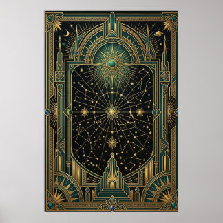 Art Deco Celestial Star Map Poster | Gold Teal