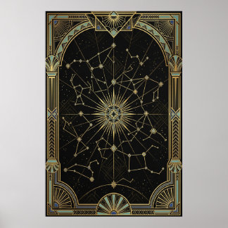 Art Deco Celestial Stjärnkarta Affisch | Guld Teal