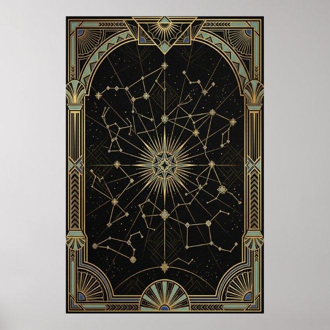 Art Deco Celestial Stjärnkarta Affisch | Guld Teal (Framsidan)