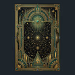 Art Deco Celestial Stjärnkarta Affisch | Guld Teal<br><div class="desc">Fördupa dig i det oändliga med affischen "Aura Celestial" Star Map. Detta detaljerade konstverk visar en strålande central stjärnexplosion förbunden med ett komplext nätverk av handritade stjärnbilder och planetbanor. Den himmelska kartan är inramad av en storslagen, symmetrisk Art Deco-ram med höga spiror, välvda portaler och juvel-liknande accenter i karakteristisk teal...</div>