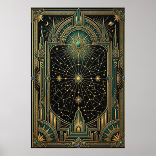 Art Deco Celestial Stjärnkarta Affisch Guld Teal