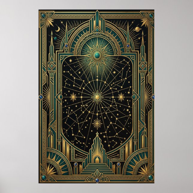 Art Deco Celestial Stjärnkarta Affisch | Guld Teal (Framsidan)