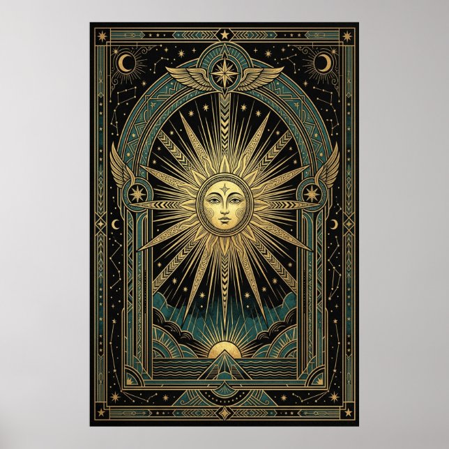 Art Deco Celestial Sun Face Poster | Gold Teal (Framsidan)