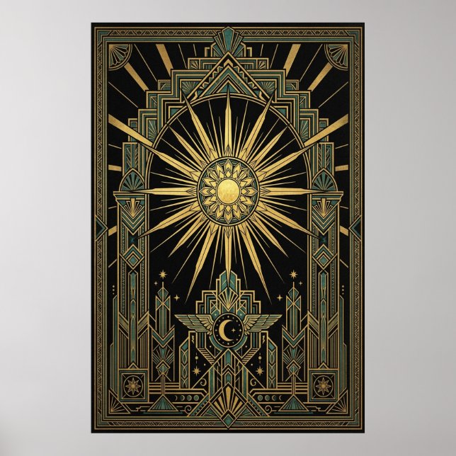 Art Deco Celestial Sun & Moon Poster | Gold Geomet (Framsidan)