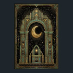 Art Deco Celestial Temple Affisch | Guld Solstråln<br><div class="desc">Stig upp i lyx med "Aura Celestial" Grand Temple-affischen. Detta mästerverk visar en majestätisk ziggurat med en storslagen central trappa som stiger mot en strålande gyllene soluppgång. Designen ramas in av intrikata geometriska mönster och klassiska valv i en sofistikerad teal-, guld- och obsidian-svart palett.</div>