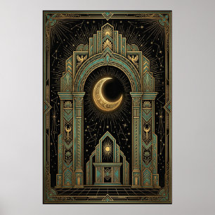 Art Deco Celestial Temple Affisch Guld Solstråln