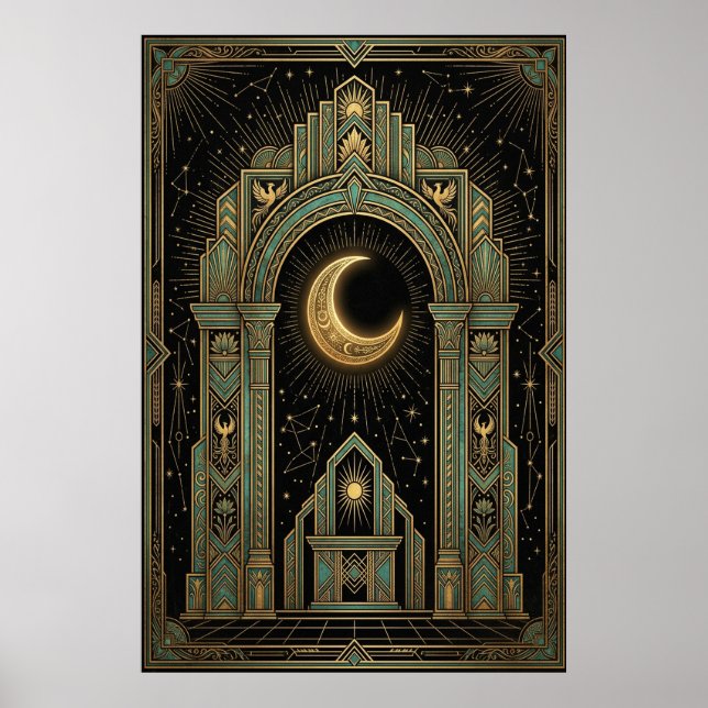 Art Deco Celestial Temple Affisch | Guld Solstråln (Framsidan)
