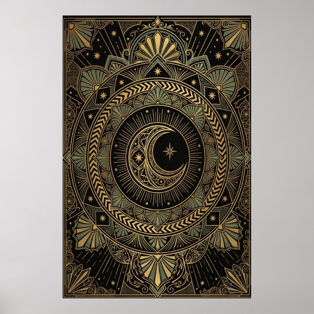 Art Deco Celestial Temple Affisch | Guld Solstråln (Framsidan)