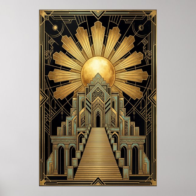 Art Deco Celestial Temple Poster | Gold Sunburst  (Framsidan)