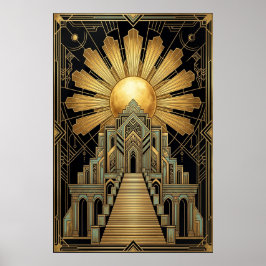 Art Deco Celestiala tempel affisch | Guld solstrål