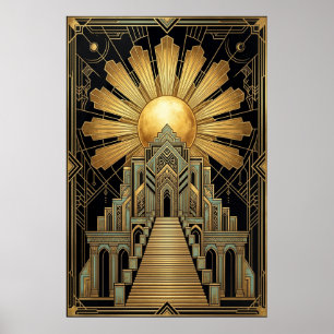 Art Deco Celestiala tempel affisch Guld solstrål
