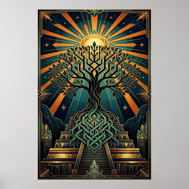 Art Deco Celtic Tree of Life Pyramid Gold Teal  Poster (Framsidan)