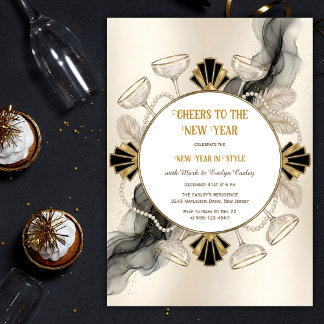 Art Deco Champagne & Pearls Cheers to the New Year Inbjudningar