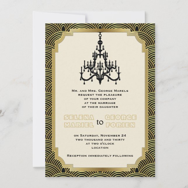 Art Deco chandelier black, guld seigaiha bröllop Inbjudningar (Framsida)