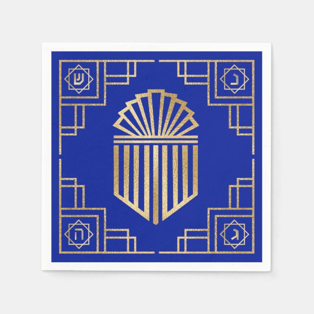 Art Deco Chanukkah Blue och Guld Design Pappersservett (Framsidan)