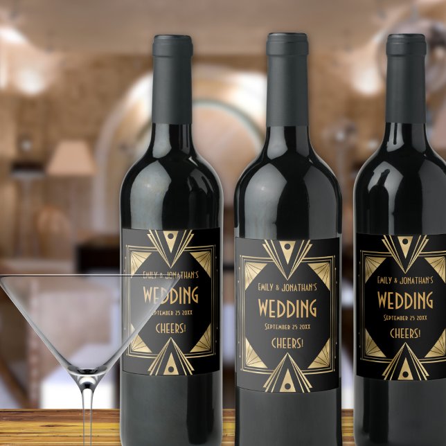 Art Deco Cheers Guld Black Bröllop Vinflaska Etikett (Skapare uppladdad)
