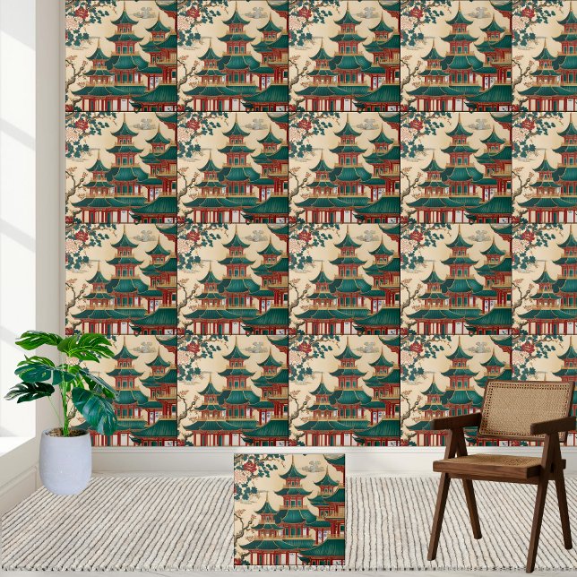 Art Deco Chinoiserie Pagoda Mönster Tile Kakelplatta (Art Deco Chinoiserie Pagoda Pattern Tile)