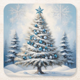 Art Deco Christmas Blue Ornaments Snowflakes Underlägg Papper Kvadrat