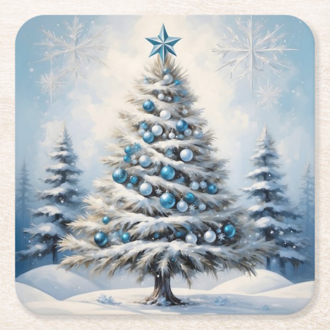 Art Deco Christmas Blue Ornaments Snowflakes Underlägg Papper Kvadrat (Framsidan)