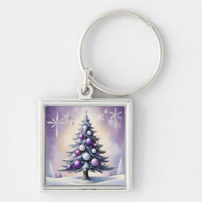 Art Deco Christmas Purple and Silver Haze  Fyrkantig Silverfärgad Nyckelring (Framsidan)