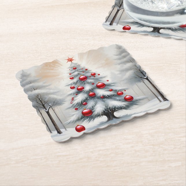 Art Deco Christmas Red Ornaments Winter Underlägg Papper (Vinklad)