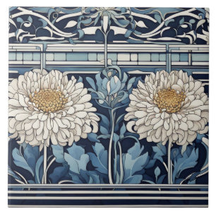 Art Deco chrysanthemum Flowers Art nouveau Blue Kakelplatta