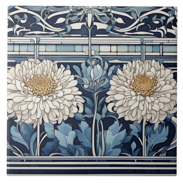 Art Deco chrysanthemum Flowers Art nouveau Blue Kakelplatta (Framsidan)