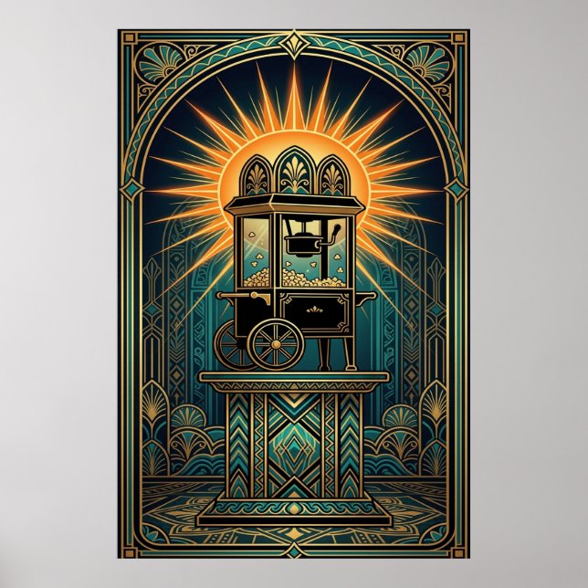 Art Deco Cinema Popcorn Machine Gold & Teal Poster (Framsidan)