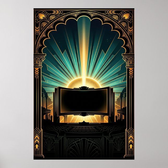 Art Deco Cinema Popcorn Machine Gold & Teal Poster (Framsidan)