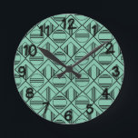 Art Deco-cirklar och diamanter Rund Klocka<br><div class="desc">Denna väggklocka har en konsdeco-design av diamanter inuti diamanter med lodrät linjer och cirklar med vågrät linjer på ett fält av turkos.</div>