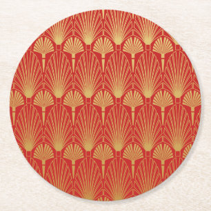 Art Deco-cirkulär Underlägg - Röd och Guld Papper Rund