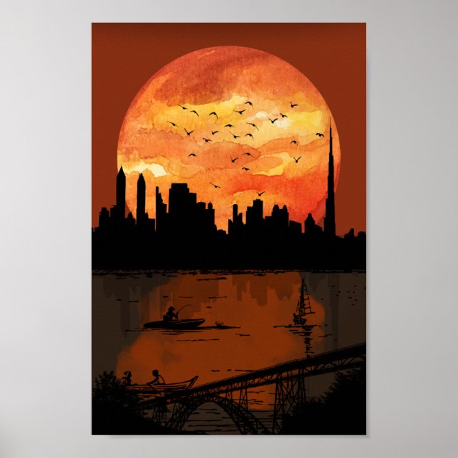 Art Deco City Skyline Sunset Geometric Gold & Bron Poster (Framsidan)
