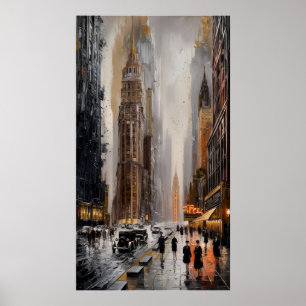 Art Deco Cityscape: Blöt Streets och Skyscraper Poster
