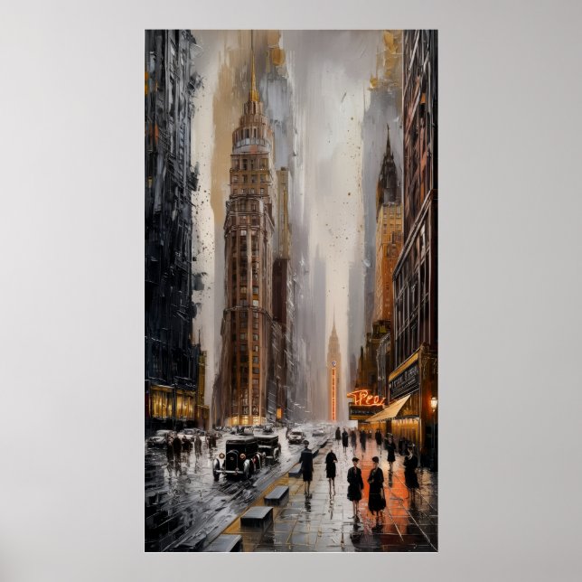 Art Deco Cityscape: Blöt Streets och Skyscraper Poster (Framsidan)