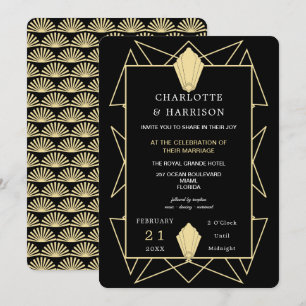 Art Deco Classy Black Guld Bröllop Inbjudningar