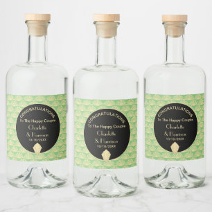 Art Deco Classy Grönt Black Guld Bröllop Spritflaskor Etikett