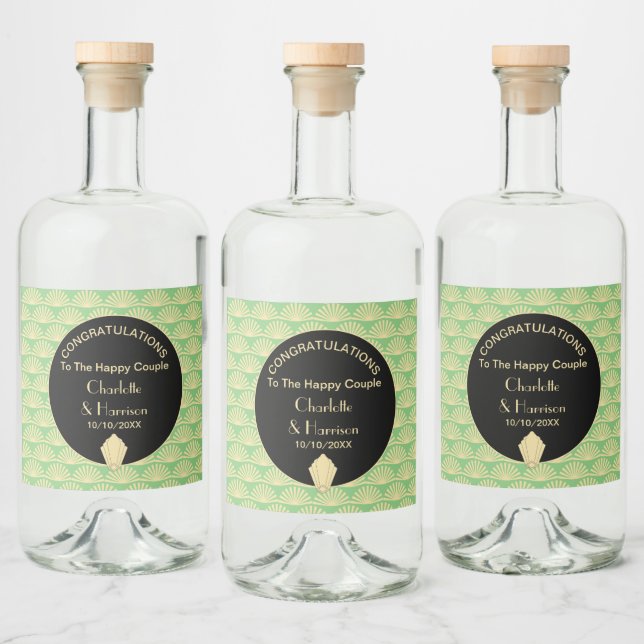 Art Deco Classy Grönt Black Guld Bröllop Spritflaskor Etikett (Flaskor)