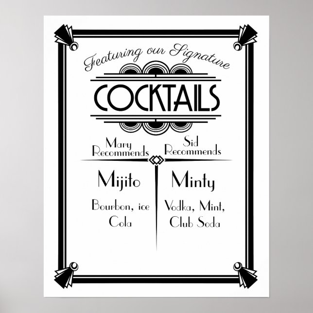 ART Deco Cocktail pub-tecken 1920's Gatsby Party Poster (Framsidan)