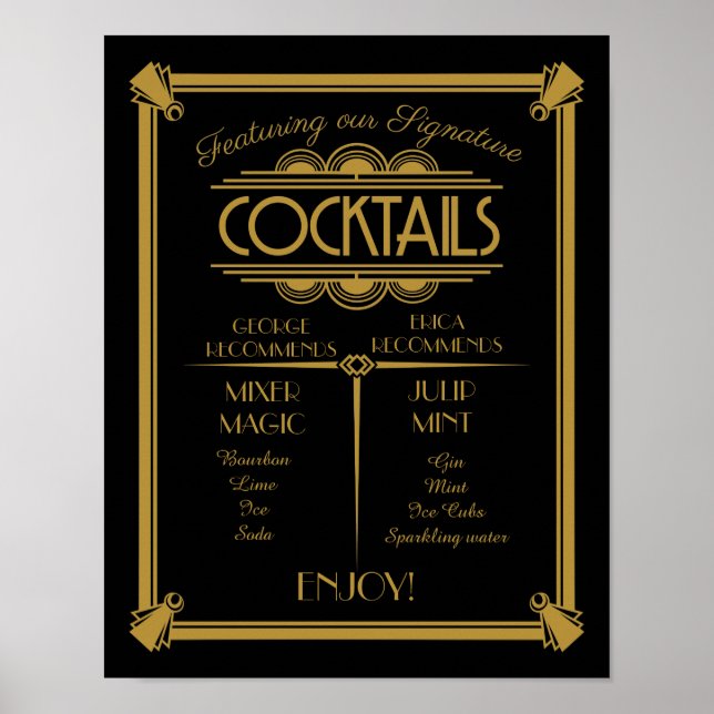 Art Deco-cocktail-tecken, namnteckning, pub-tecken Poster (Framsidan)