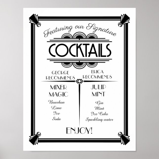 Art Deco-cocktail-tecken, namnteckning, pub-tecken Poster (Framsidan)