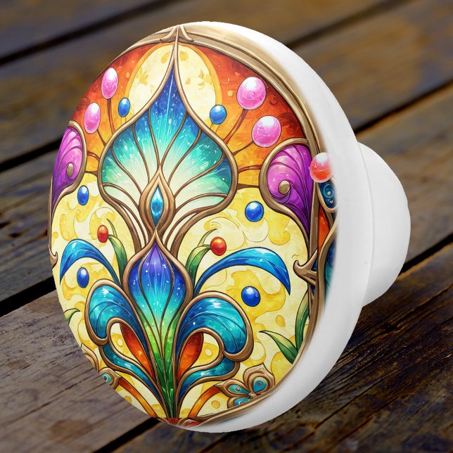 Art Deco Colorful Jugendstill-Blommigt Knopp (A colorful ceramic door knob featuring a floral art deco design.)