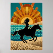 Art Deco Cowgirl Häst Solnedgång Teal Orange Affis