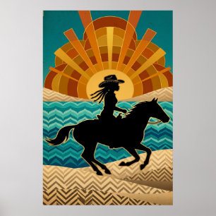 Art Deco Cowgirl Häst Solnedgång Teal Orange Affis Poster