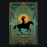 Art Deco Cowgirl Hästmonument Soluppgång Poster<br><div class="desc">En majestätisk arkitektonisk hyllning till västerns anda. Detta konstverk presenterar en svart siluett av en cowgirl som rider på en häst, utformad som ett monument på en utsmyckad Art Deco-piedestal. Inramad av en tornliknande geometrisk båge i katedralstil och en livfull orange soluppgång, är den djupt tealblå himlen prydd med stjärnor...</div>