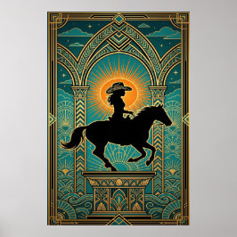 Art Deco Cowgirl Hästmonument Soluppgång Poster